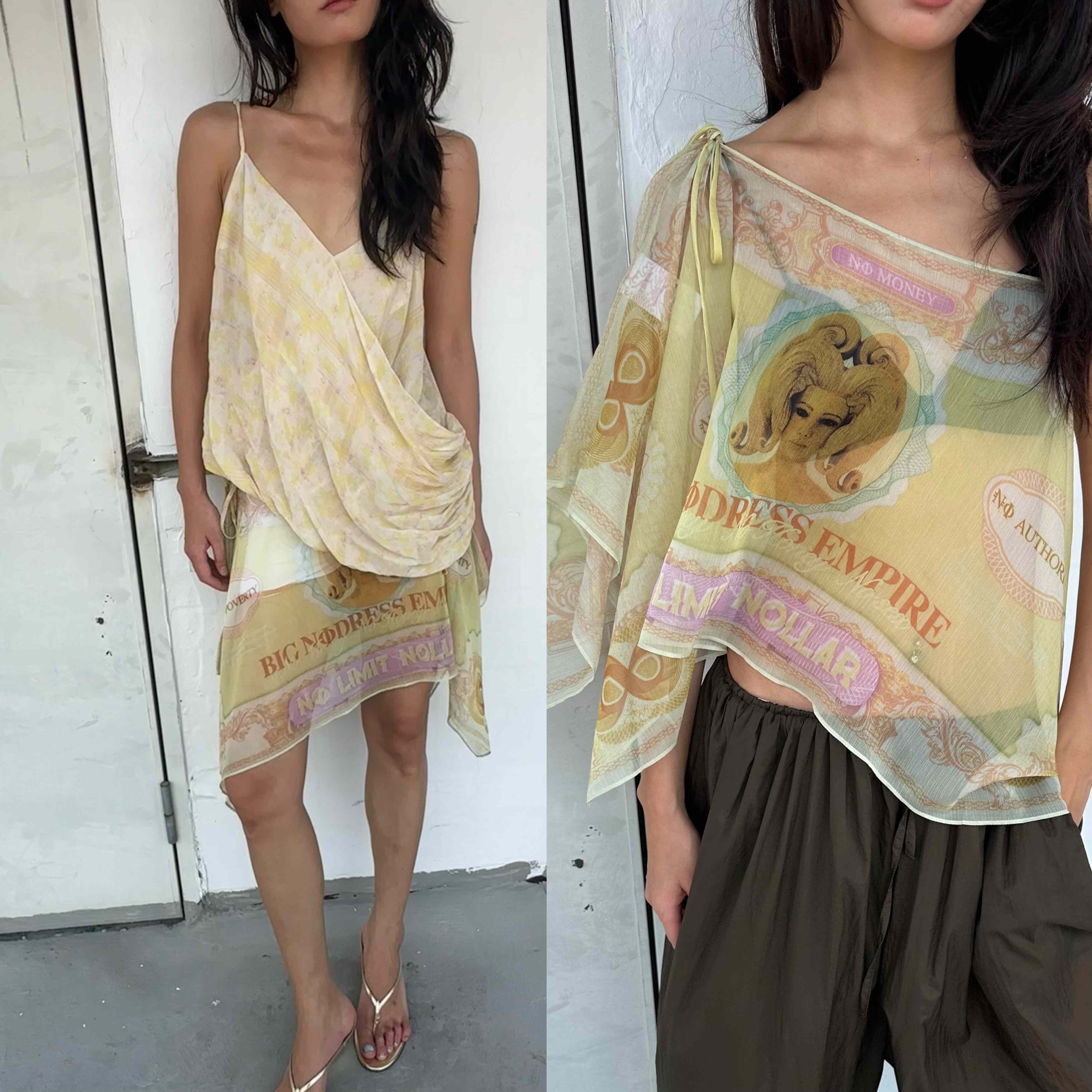 碳酸 娜娜同款WEEEECHAN 多种穿法衣裙 钞票印花雪纺纱斜肩上衣