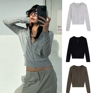 现货 WEEEECHAN  软薄天丝羊毛混纺纱连帽拉链弹力针织开衫外套女