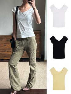 清仓 WEEEECHAN 三色透感软薄交叠大V领层次感收腰夏日小飞袖T恤