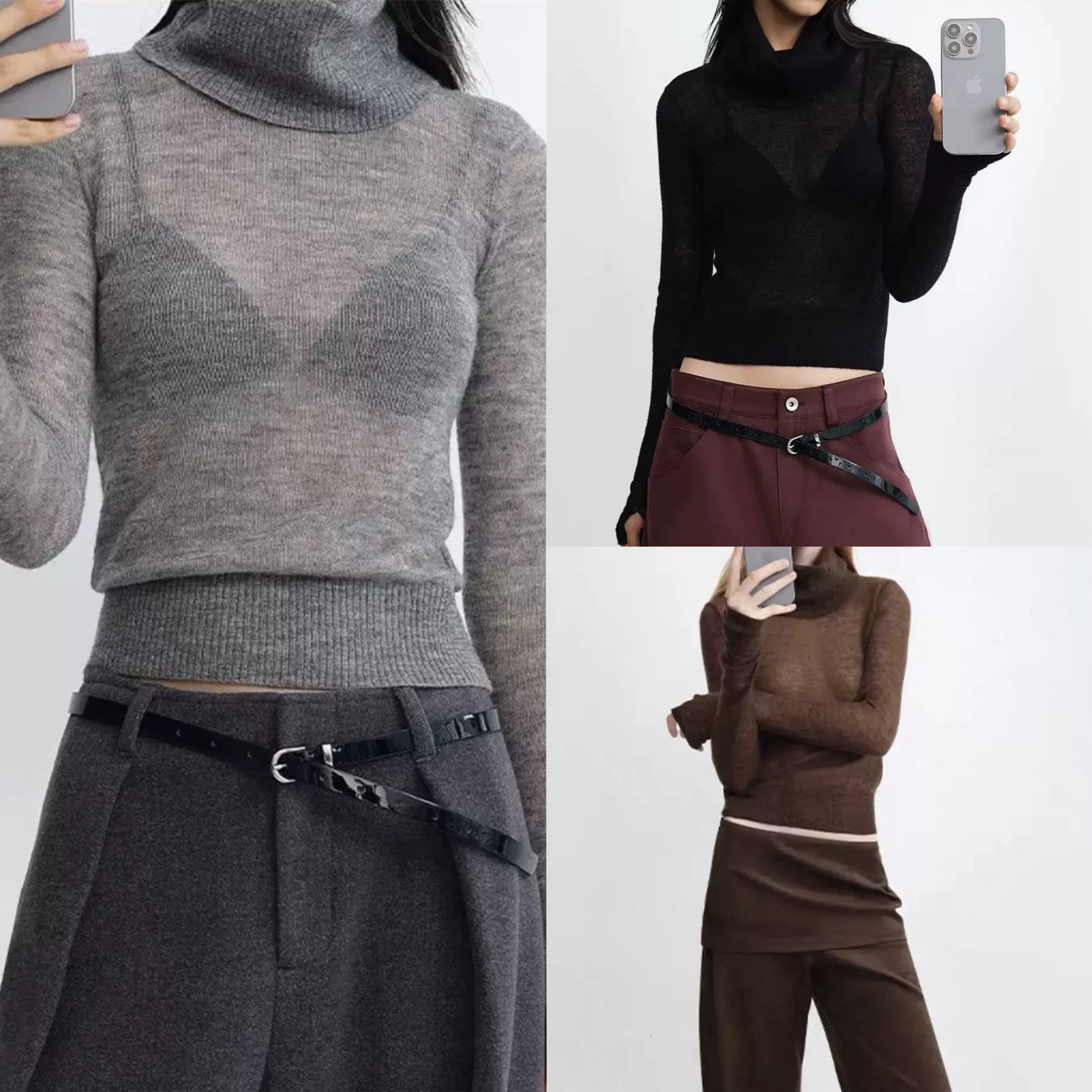 现货 WEEEECHAN 雾感羊驼毛混纺螺纹堆堆领薄款针织衫打底毛衣