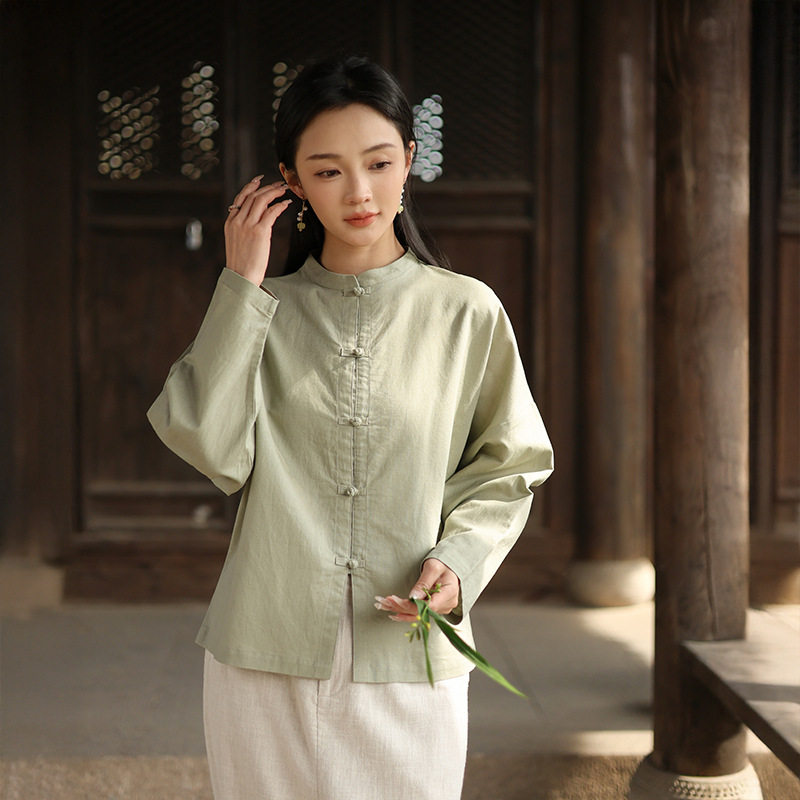 鹿与安笛2026秋季新款新中式国风长袖棉麻外套文艺复古亚麻衬衫女