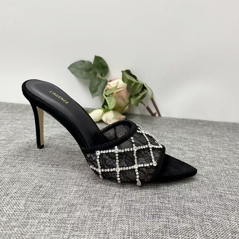 欧美女鞋38码真皮钻饰一片式露趾细高跟时装拖鞋