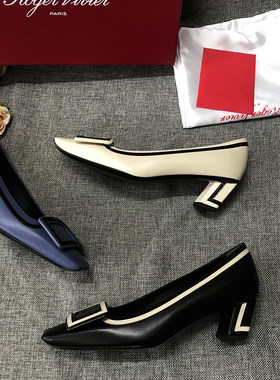 rv春季新品3色胎牛皮粗跟女鞋