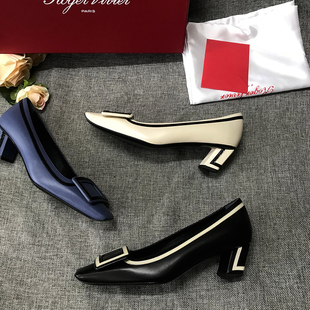 撤柜单鞋2色胎牛皮黑白方扣真皮中跟粗跟浅口方头拼色女鞋