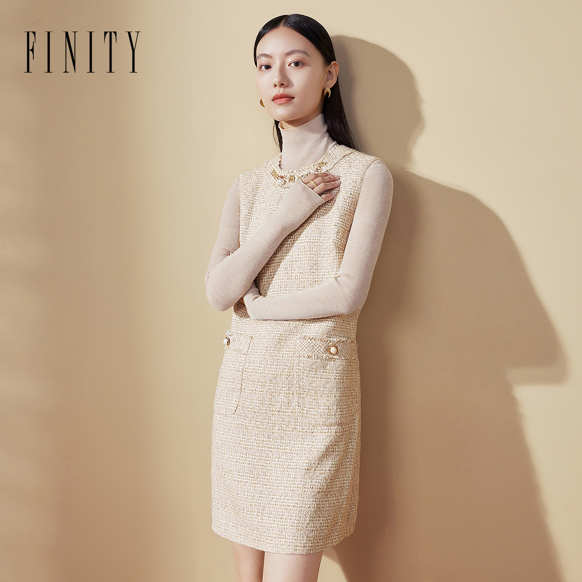 FINITY菲妮迪无袖小香风连衣裙2024年冬季气质优雅通勤裙子女