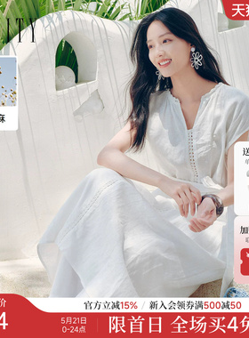 FINITY菲妮迪亚麻连衣裙26夏季新款简约V领系带连肩袖白色长裙女