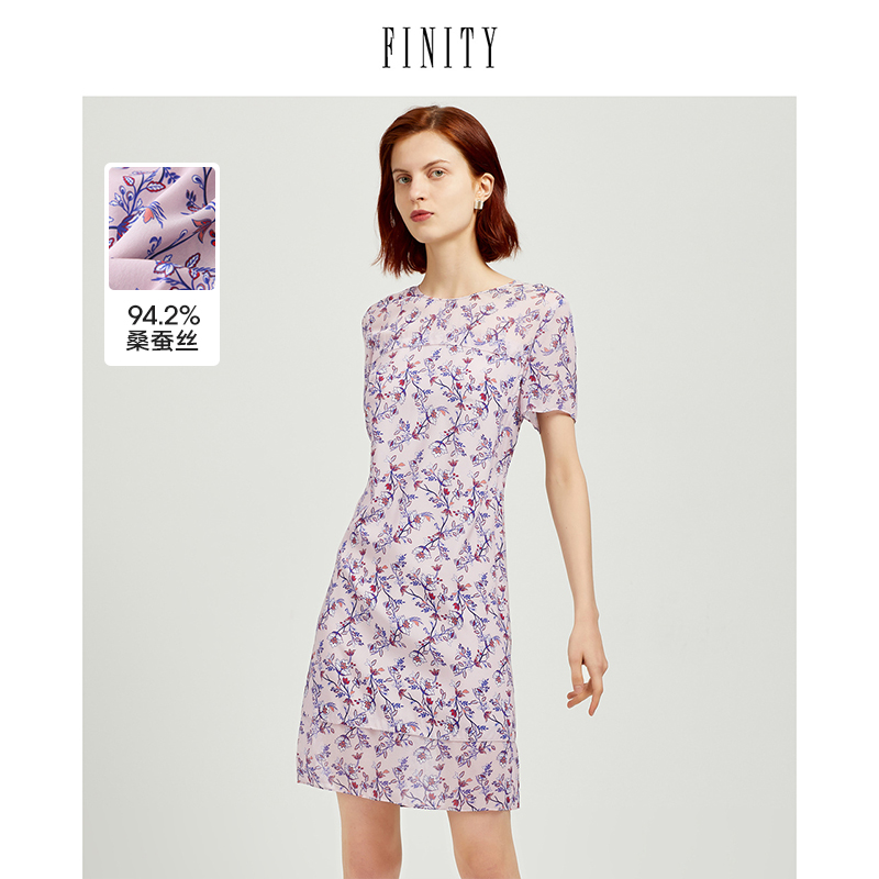 FINITY秋装真丝印花连衣裙女桑蚕丝优雅舒适中长款裙子