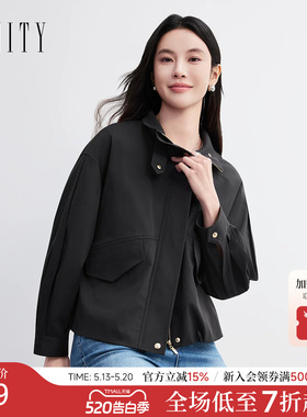 FINITY菲妮迪短外套2026春新款简约休闲气质翻领黑色短款风衣女装