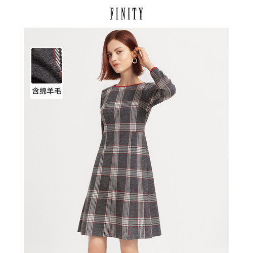 FINITY秋装棉质格子气质连衣裙女休闲减龄中长款裙子女