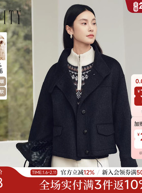 FINITY菲妮迪毛呢外套2025年冬季新款简约纯羊毛双面呢黑色大衣女