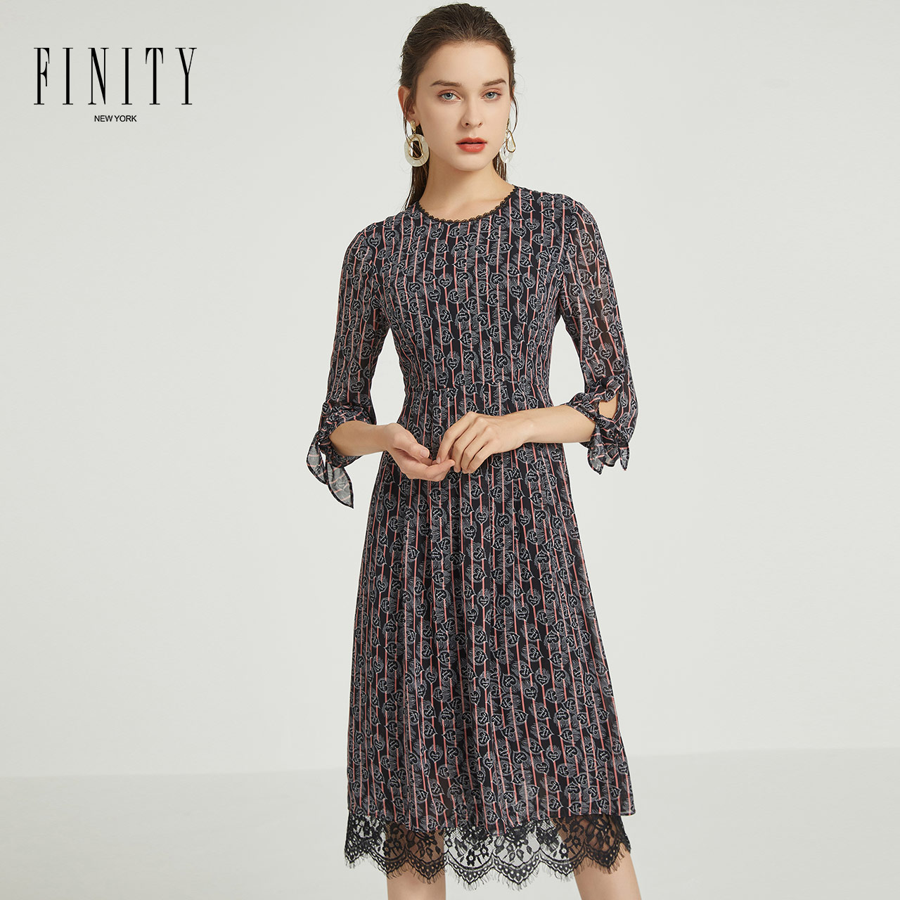 FINITY春款女装不规则蕾丝拼接下摆收腰显瘦雪纺连衣裙女