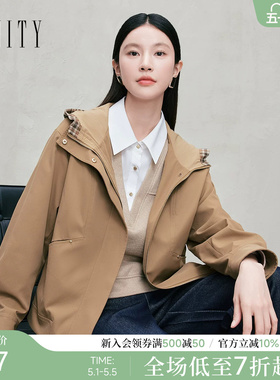 FINITY菲妮迪短外套2026年春季新款简约设计感格纹连帽宽松上衣女