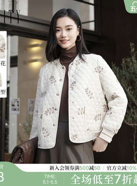 FINITY菲妮迪短外套2025冬季新款翻领气质花卉绣花薄款棉服外套女