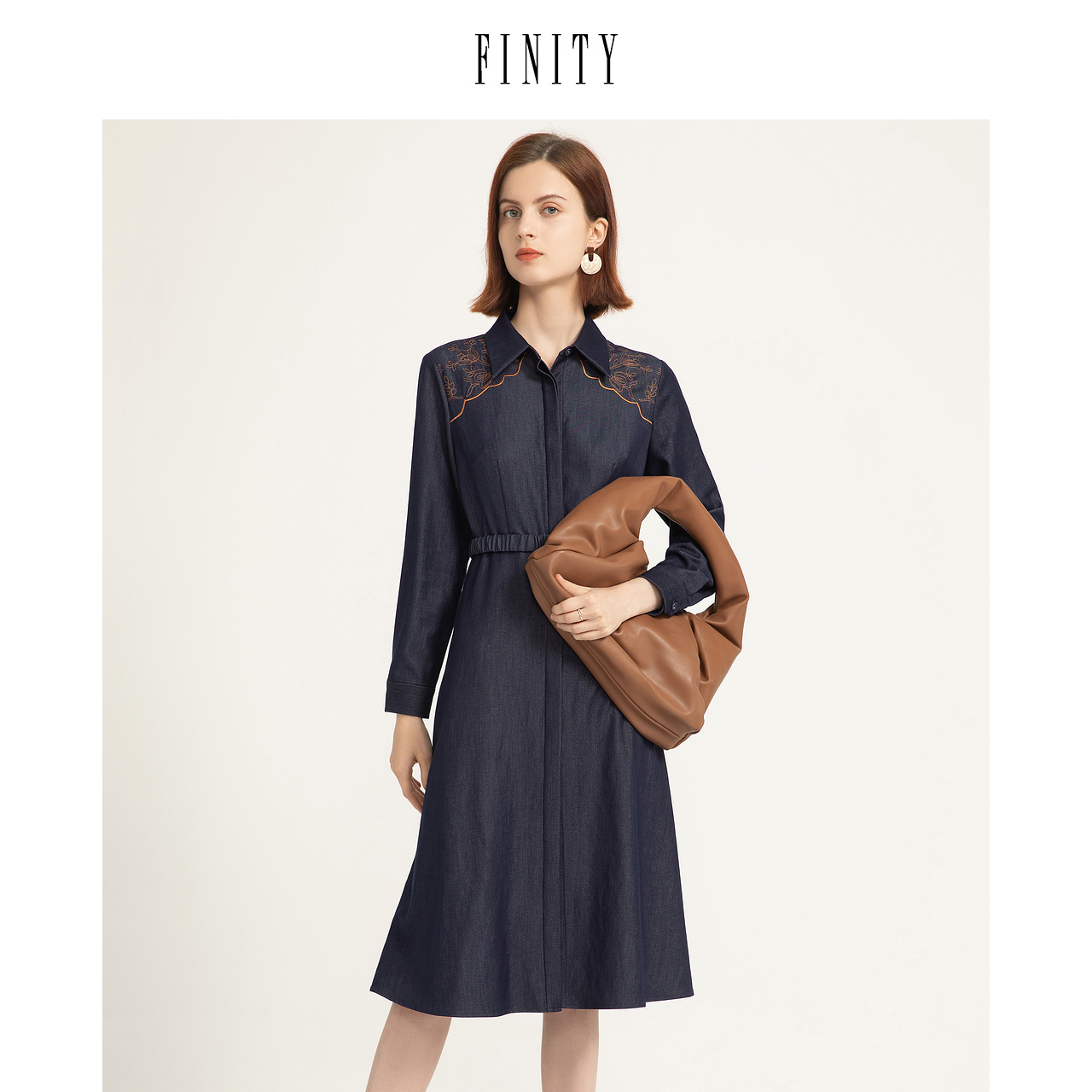 FINITY秋装雪纺收腰印花连衣裙女气质休闲中长款裙子女