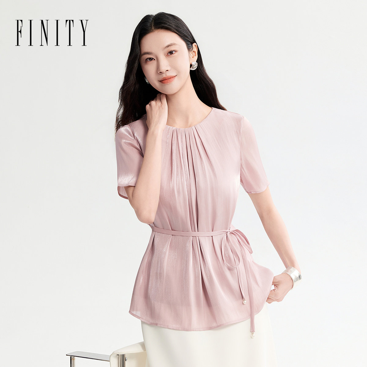 FINITY菲妮迪雪纺衫2026年夏季新款简约系带优雅缎面短袖上