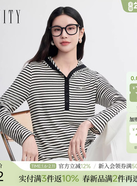 FINITY菲妮迪雪纺衫2026春新款简约连帽条纹棉质轻熟气质上衣女装