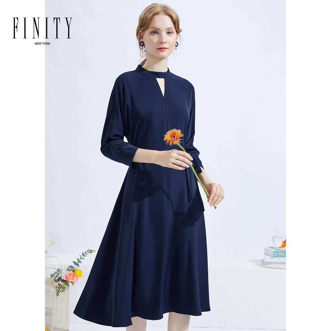 FINITY收腰仙女裙春款女装a字裙法式流行长袖系带连衣裙