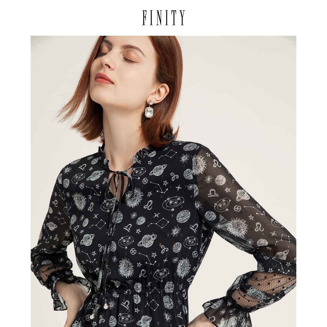 FINITY2023春装印花时尚连衣裙女气质宽松休闲中长款裙子女