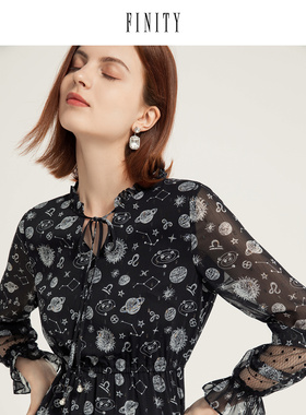 FINITY2023春装印花时尚连衣裙女气质宽松休闲中长款裙子女