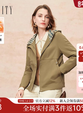 FINITY菲妮迪棉服棉袄2025冬季新款简约卡其色格纹通勤保暖外套女