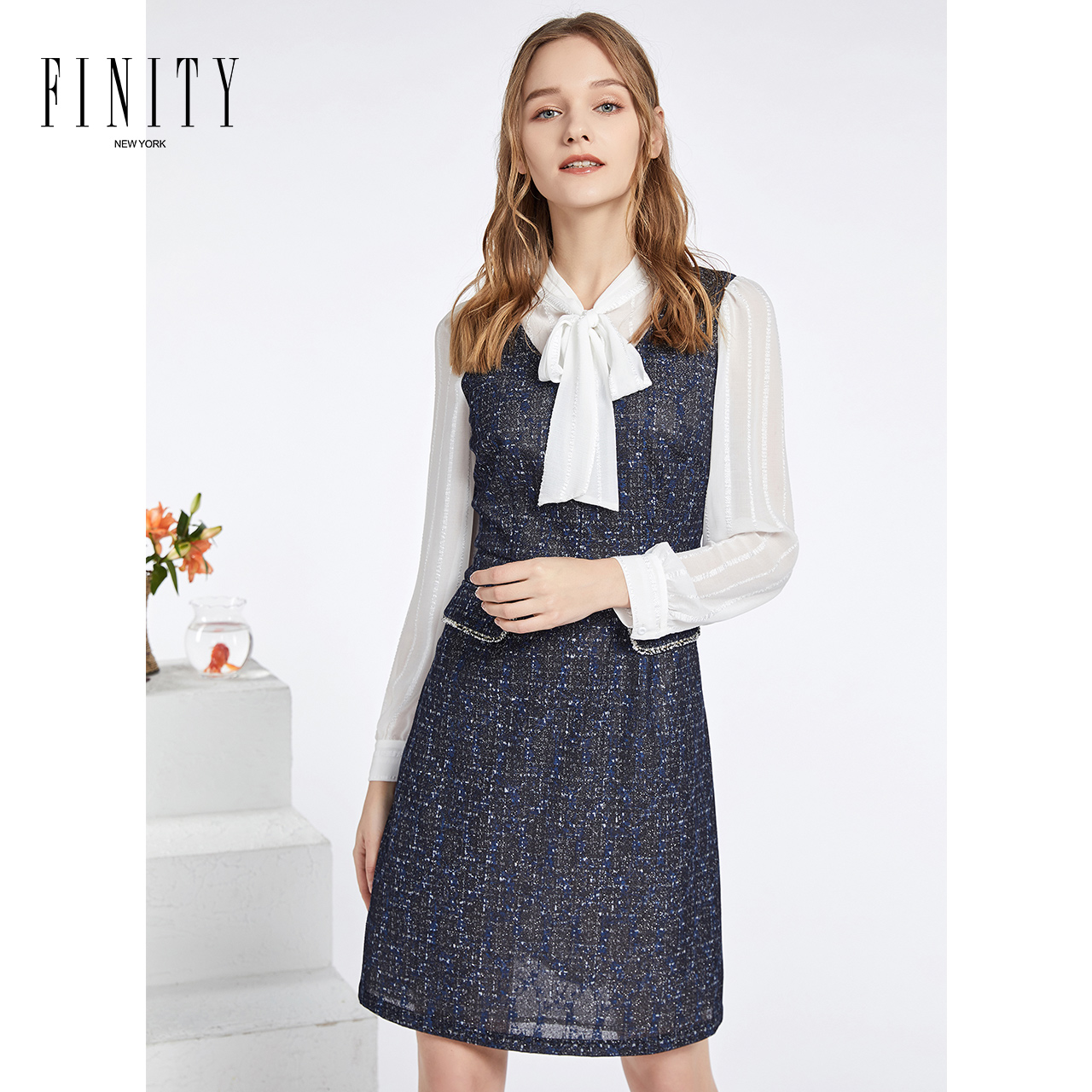 FINITY春款女装时尚假两件连衣裙女法式修身收腰显瘦裙子