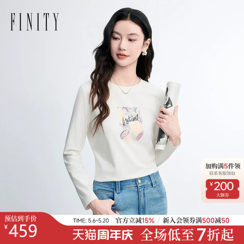 菲妮迪春款字母印花长袖T恤女