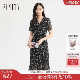 FINITY菲妮迪连衣裙2026年夏季新款黑底白花印花优雅V领长裙女装