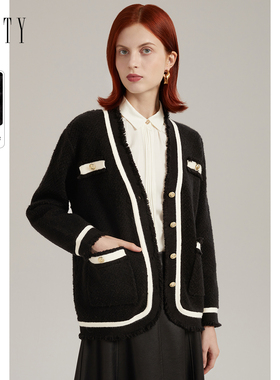 FINITY小香风针织开衫2023春季黑色羊毛简约气质休闲打底衫女