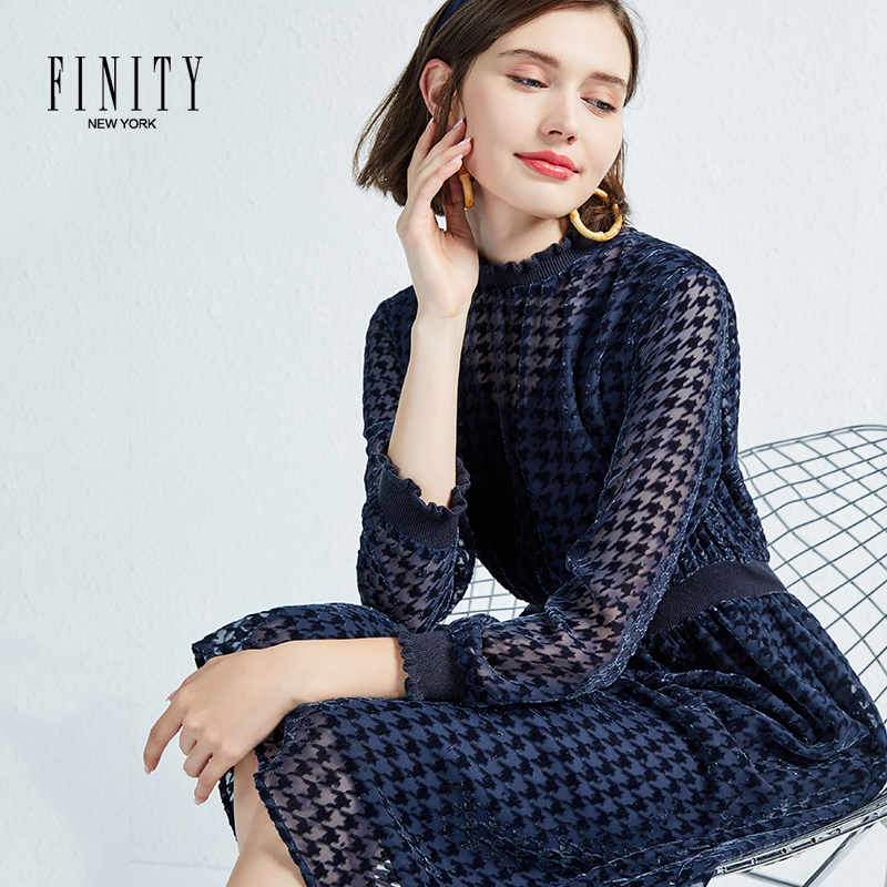 FINITY春款女装女流行复古仙女裙清新显瘦格子连衣裙子