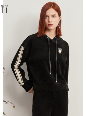 FINITY连帽卫衣2023春季黑色简约动物绣花气质显瘦减龄上衣女