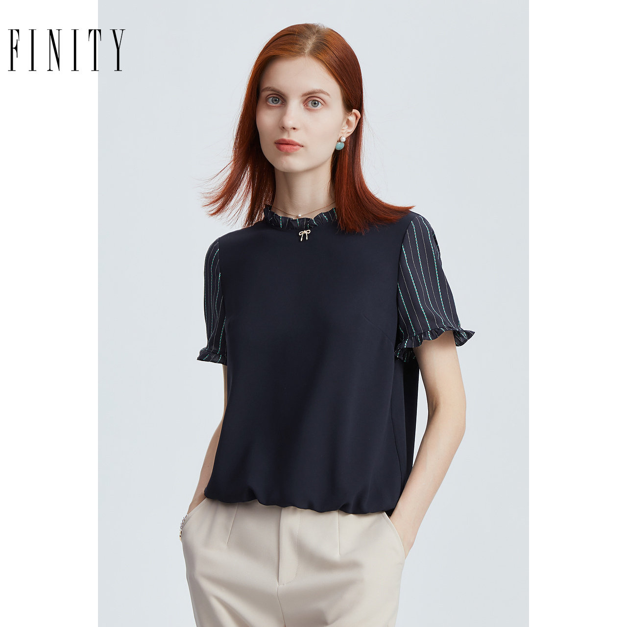 菲妮迪品牌雪纺衫2026夏季新款拼接设计感时尚荷叶领短袖上衣女