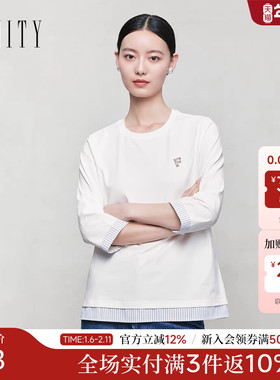 FINITY菲妮迪T恤2025年秋季新款简约气质圆领通勤条纹拼接上衣女