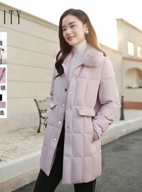 FINITY菲妮迪90白鹅绒羽绒服女2024冬收腰保暖毛领中长款外套