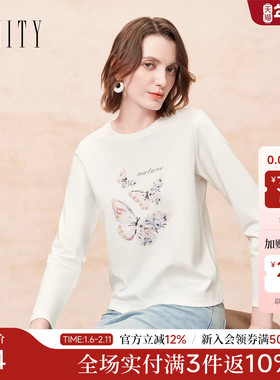 FINITY菲妮迪T恤2025年秋季新款简约印花圆领休闲通勤长袖上衣女