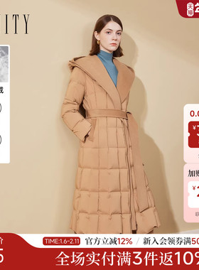 FINITY菲妮迪鹅绒羽绒服2025冬季新款羊毛连帽拼接系带保暖外套女