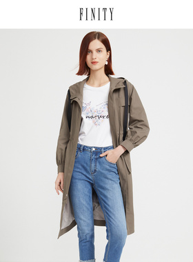 FINITY2023春装连帽风衣女宽松休闲收腰英伦风中长款大衣女