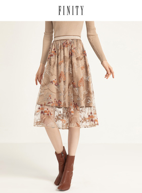 FINITY2023春装印花网纱半身裙女高腰修身小众中长款裙子女