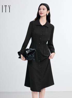 FINITY菲妮迪连衣裙2026春新款简约黑色翻领收腰捏褶A字裙长裙女