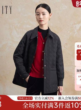 FINITY菲妮迪短外套2025冬季新款衬衫式棉服黑色格纹保暖外套女士
