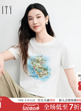 FINITY菲妮迪T恤2026年夏季新款简约圆领印花白色短袖上衣女装