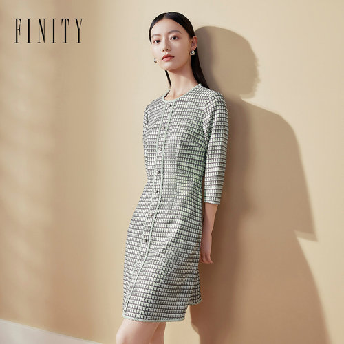 FINITY菲妮迪连衣裙2024年秋季绿色提花百搭气质通勤裙子女