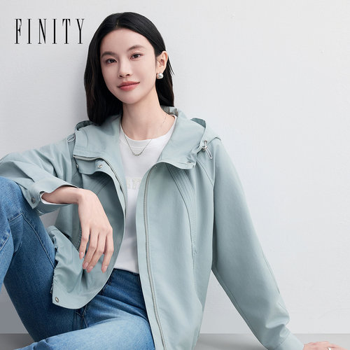 菲妮迪春款连帽通勤短款风衣女
