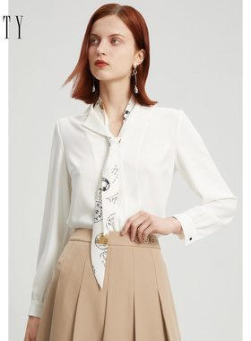 FINITY雪纺衬衫2023夏季别致印花飘带领气质设计感长袖上衣女