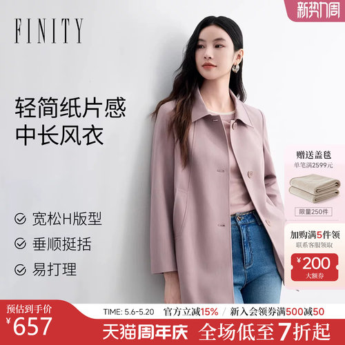 菲妮迪春新款中长通勤防风风衣女