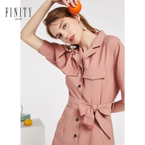 FINITY秋款女装时尚收腰显瘦风衣款连衣裙粉色系带裙子女