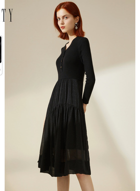 FINITY黑色连衣裙2023春季拼接设计感气质显瘦A字减龄裙子女