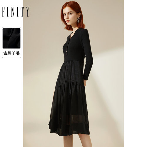 FINITY黑色连衣裙2023春季拼接设计感气质显瘦A字减龄裙子女