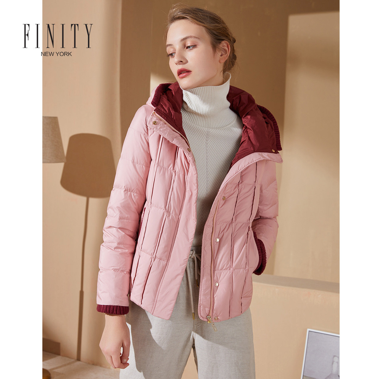 FINITY秋装轻薄羽绒服白鸭绒中长款连帽女士上衣外套