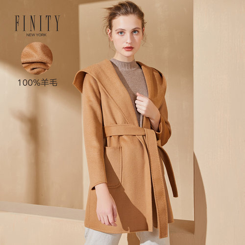 FINITY冬装时尚连帽毛呢大衣女简约宽松系带羊毛上衣外套