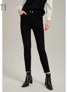 FINITY黑色休闲裤2024春季时尚修身高腰直筒垂感显瘦长裤女